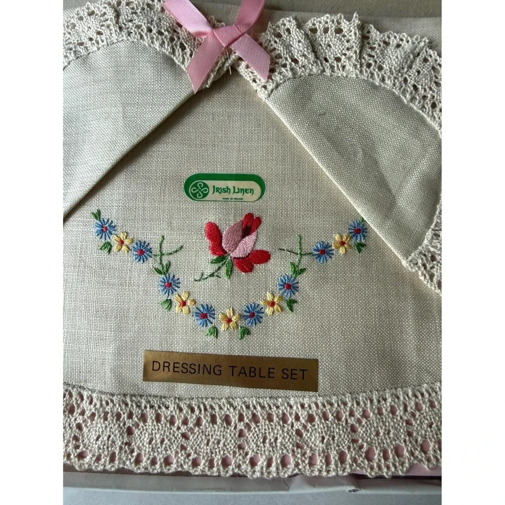 Vintage Irish Linen Dressing‎ Table Set — Hand Embroidered Lace New in Box